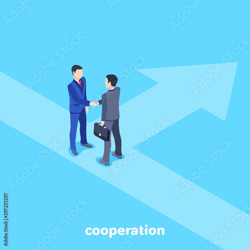 isometric vector image on a blue background, men in business suits shake hands, a business agreement and a contract
