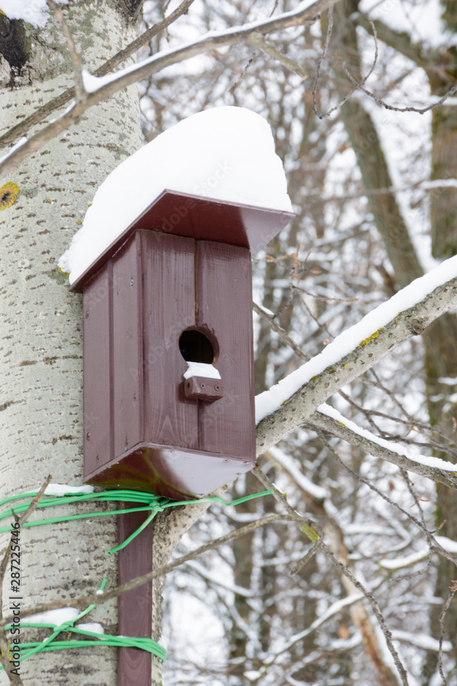 Brown birdhouse on the tree. Handmade wooden nesting box covered in snow. Winter landscape with trees covered of the snow.