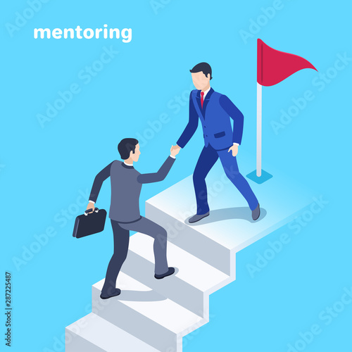 isometric vector image on a blue background, a man in a business suit helps another person reach the goal in the form of a flag at the top of the steps, mentoring in business