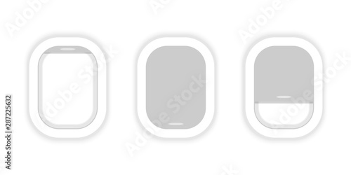 Airplane windows in a row. Aircraft. Airplane windows opened and cloused. Flat web vector banner