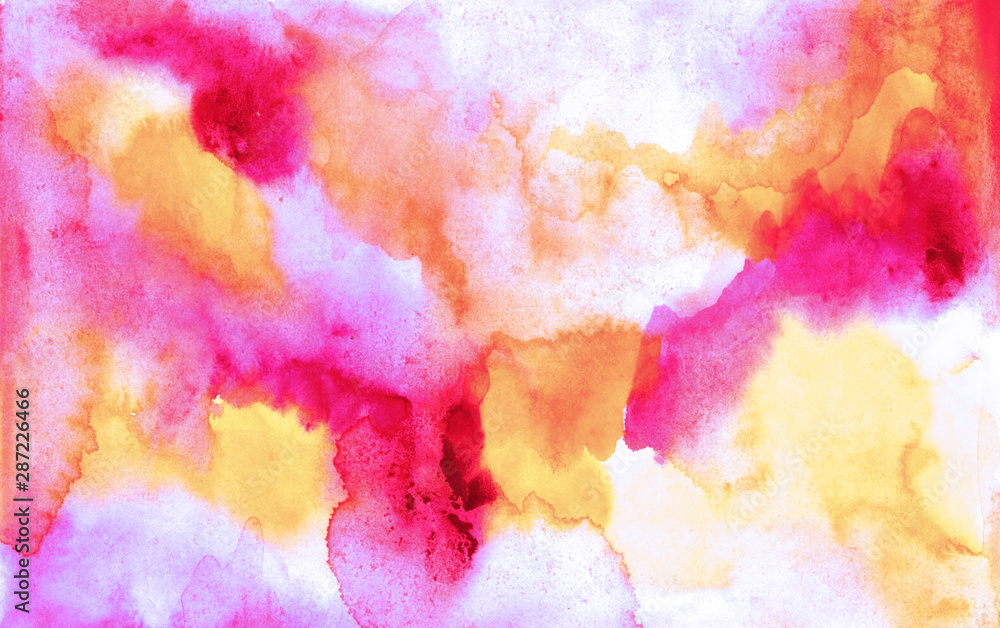 Beautiful abstract smudges of yellow pink, red and white colors in hand painted watercolor background design