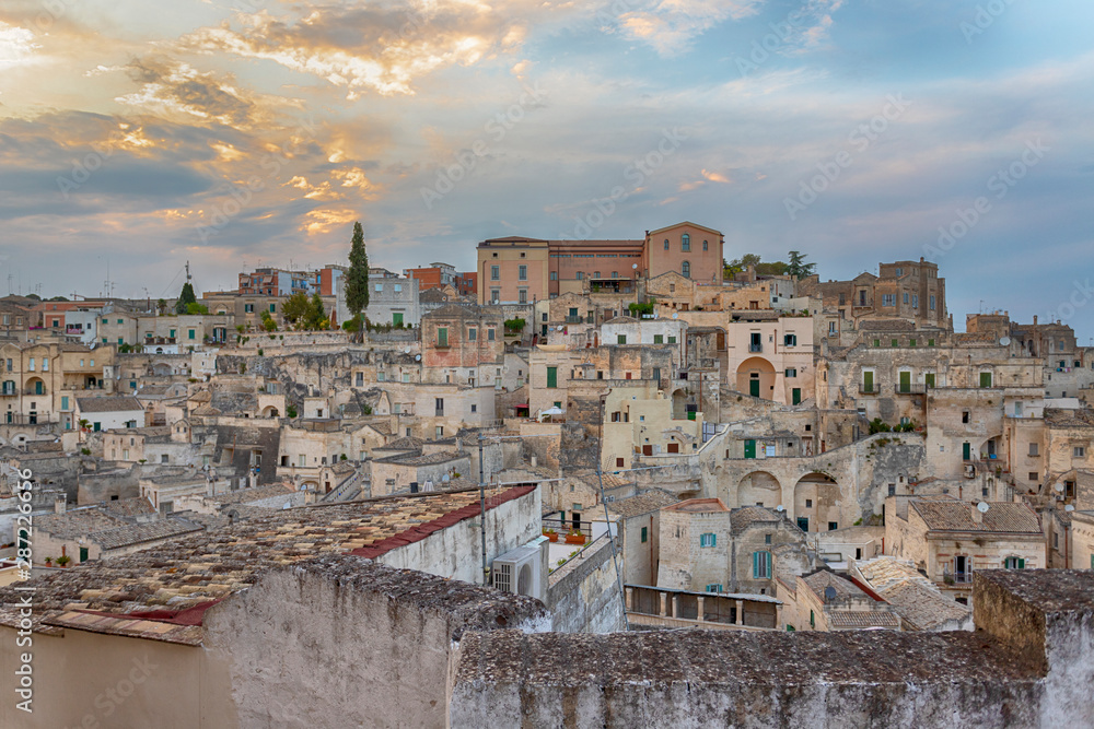 Panoramic view of Matera (Sassi di Matera) with its steep ancient stone streets