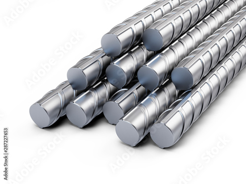 Stack of metal building armature - reinforcing steel bars isolated on white. 3d rendering
