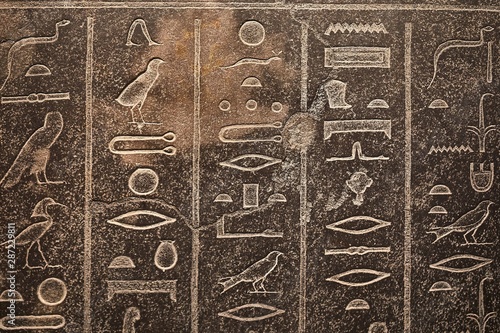 Egyptian hieroglyphs carved in sandstone photo