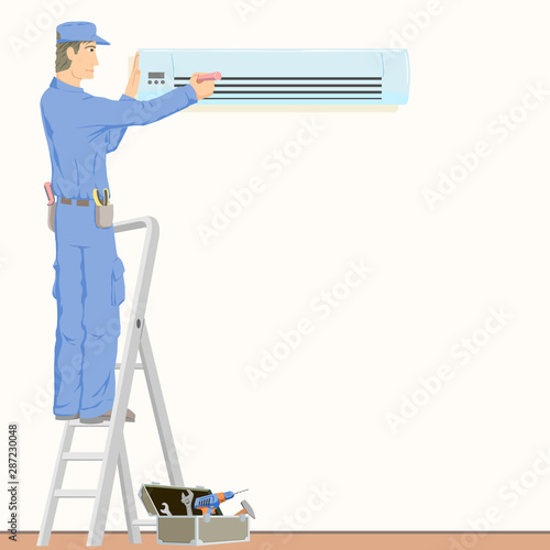 Vector. Repairman standing on a stepladder and adjusts the air conditioning in the room. On the floor is a box with tools. Layers good separated.