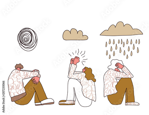 Mental disoder. Young people sitting on the floor.