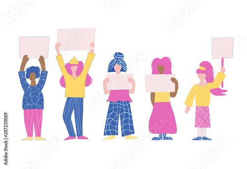 Group of young woman holding banners blanks.