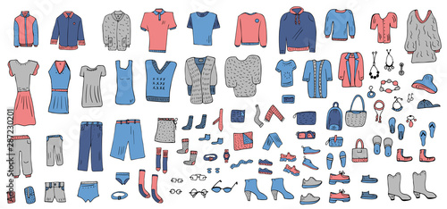 Set of clothes in doodle style. Vector illustration.