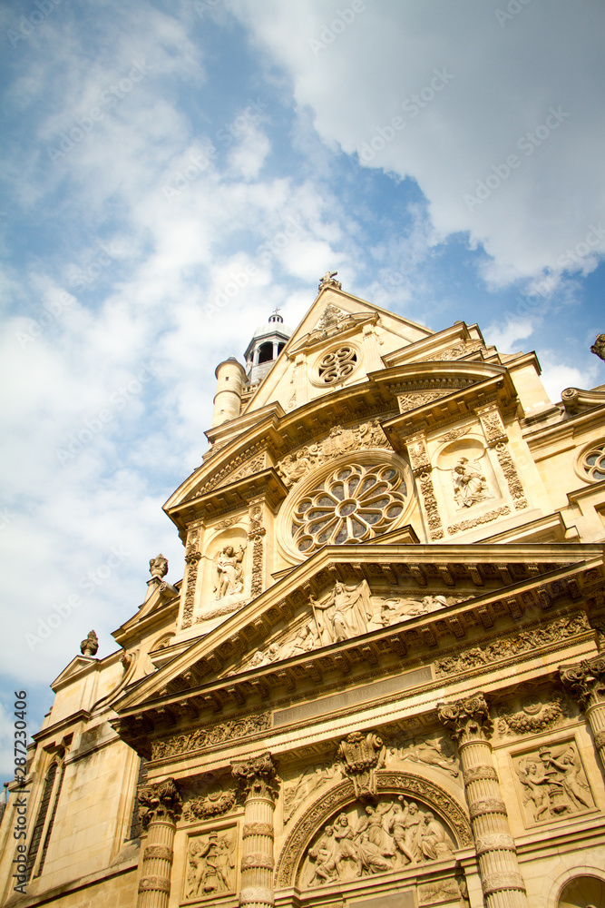 Architectural Details of Main entrance view of Church Saint Etienne du Mont at Pantheon Square in Paris