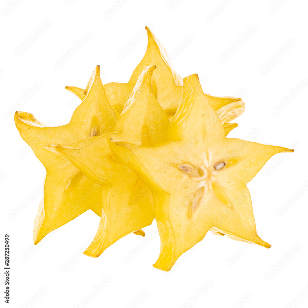 heap of slices of carambola isolated on white background heap of slices of carambola isolated on white background