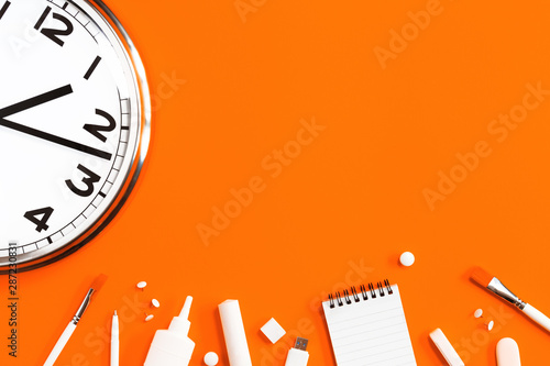 Part Of Analogue Plain Wall Clock On Trendy Orange Background With White Stationery Items One O Clock Close Up With Copy Space Time Management Or Fall School Concept And Opening Hours Time Stock Part Of Analogue Plain Wall Clock On Trendy Orange Background With White Stationery Items One O Clock Close Up With Copy Space Time Management Or Fall School Concept And Opening Hours Time Stock