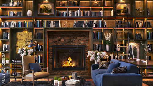 Photo Luxury fireplace and large library with desk
