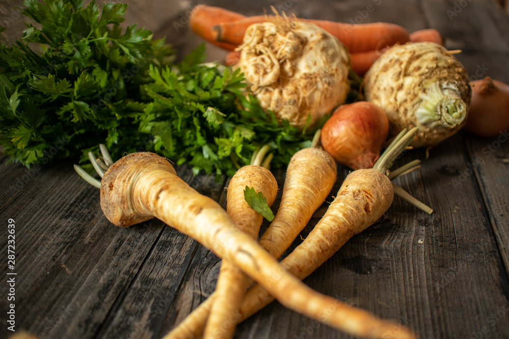Various of different vegetables and spices on old wooden table. Various of different vegetables and spices on old wooden table.