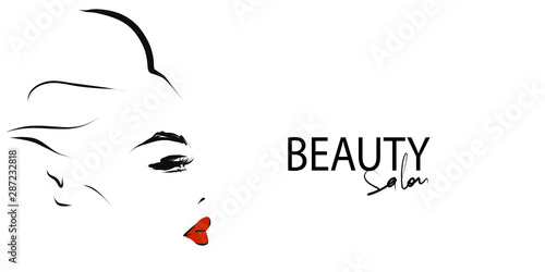 Beauty salon card. Young stylish woman with hair style. Beautiful girl face, profile. Hand-drawn and calligraphic design elements on the theme of beauty. Vector