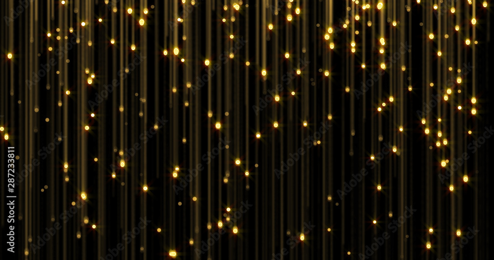 Golden glitter rain, bright light shine on gold threads. Glowing glittering lights curtain, shiny sparkling light and shimmer particles - obrazy, fototapety, plakaty 