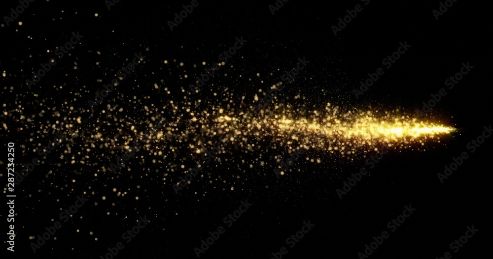 Golden glitter light tail, sparkling shining comet trail wave. Gold glittering magic shimmer, glowing golden light sparks on black background