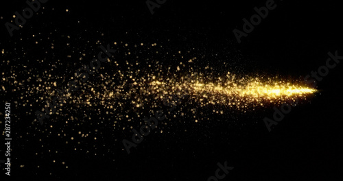 Golden glitter light tail, sparkling shining comet trail wave. Gold glittering magic shimmer, glowing golden light sparks on black background