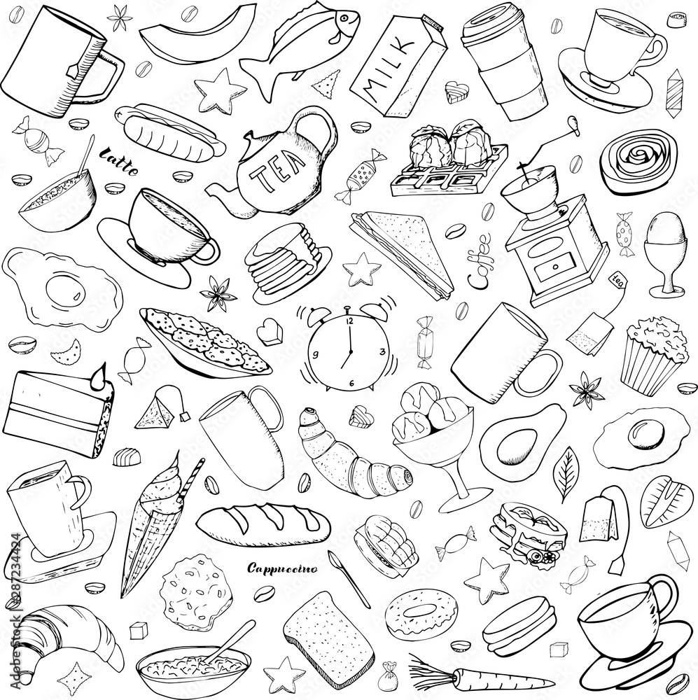 Set of isolated elements on white backdrop whith food. Hand lettering. Can be used for decoration, posters, flyers, background.Cafe, Restorans. Vector drawing of breakfast, lunch, coffee, tea, snack Set of isolated elements on white backdrop whith food. Hand lettering. Can be used for decoration, posters, flyers, background.Cafe, Restorans. Vector drawing of breakfast, lunch, coffee, tea, snack
