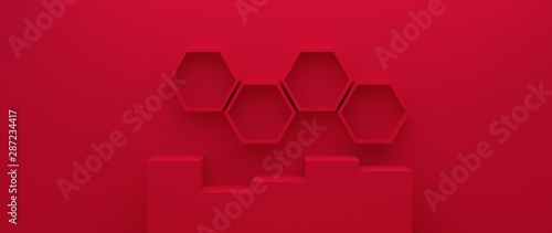 Diseño abstracto de mobiliario con forma hexagonales. Iustracion tridimensional de colmena para presentación de producto con repisas y gabinetes. Fondo para presentación de producto con iluminación.