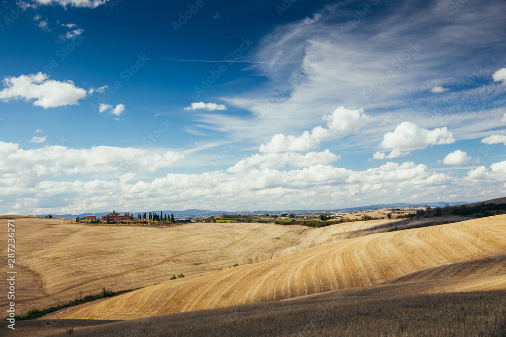 Fototapeta premium Rolling hills in autumn after harvest.