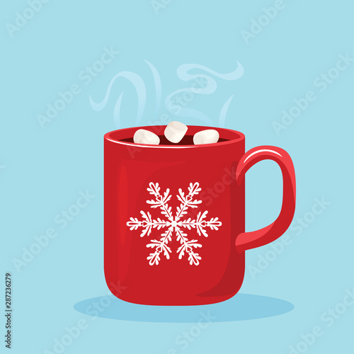 Steaming hot chocolate with marshmallows in red cup with white snowflake. Hot winter drink and piece of chocolate isolated on white background. Vector illustration of sweet cocoa in cartoon flat style