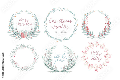 Watercolor Christmas card with wearth. Hand drawing christmas decoration. Winter holiday design. Berry wreath for Christmas greeting card. Nordic postcard