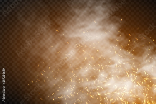 Vector realistic isolated fire effect with smoke for template decoration and mockup covering on the transparent background. Concept of sparkles, flame and light.