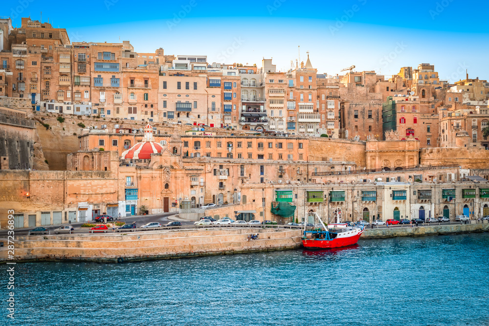 Malta, Valletta. Capital city with traditional buildings, streets and ancient walls.