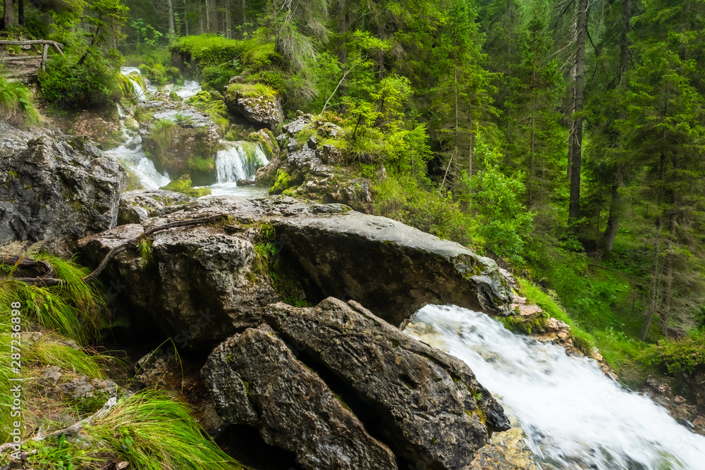 Rocks and stones in the waterfalls of the stream of the green forest with trees and plants Rocks and stones in the waterfalls of the stream of the green forest with trees and plants