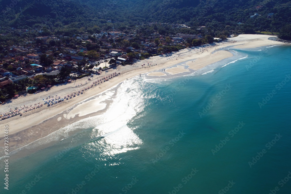 Fototapeta premium Aerial view of Maresias and Pauba Beaches, Sao Sebastiao, North Coast of Sao Paulo, Brazil. Vacation Travel. Travel destination. Tropical scenery. Great landscape