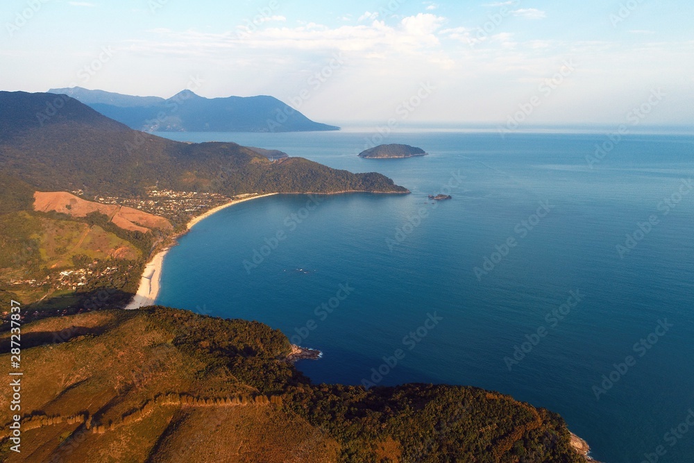 Fototapeta premium Aerial view of Maresias and Pauba Beaches, Sao Sebastiao, North Coast of Sao Paulo, Brazil. Vacation Travel. Travel destination. Tropical scenery. Great landscape