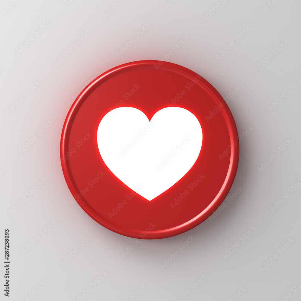 Neon light love like heart icon in red round badge button 3d social media notification sign isolated on white wall background with shadow 3D rendering Neon light love like heart icon in red round badge button 3d social media notification sign isolated on white wall background with shadow 3D rendering