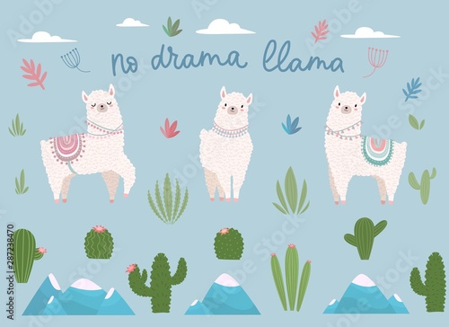 No drama llama cute cartoon set with lettering vector illustration. Collection consists of white lama, alpaca, mountains, cactus and positive inscription. Design for invitations, birthday, room decor