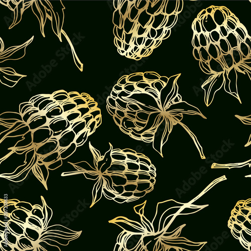 Vector Raspberry healthy food isolated. Black and white engraved ink art. Seamless background pattern.
