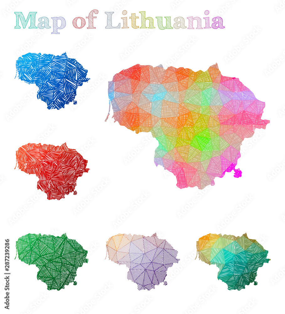 Hand-drawn map of Lithuania. Colorful country shape. Sketchy Lithuania maps collection. Vector illustration. Hand-drawn map of Lithuania. Colorful country shape. Sketchy Lithuania maps collection. Vector illustration.