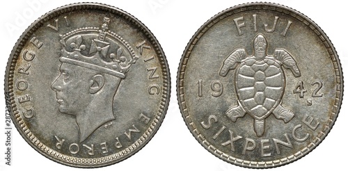 British Fiji silver coin 6 sixpence 1942, head of King George VI left, tortoise divides date, photo