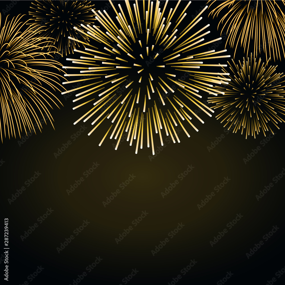 Fototapeta premium Firework gold sparkle background card. Beautiful bright fireworks isolated on black background. Light golden decoration firework for Christmas card, New Year celebration. Vector illustration