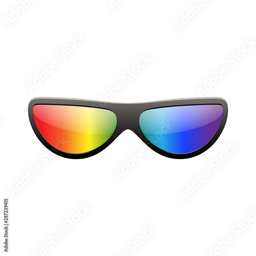 Sunglasses multicolor 3D. Summer sunglass shade isolated white background. Fun color sun glass Realistic design eye sight protection. Fashion eyeglasses. Beach sunlight accessory. Vector illustration