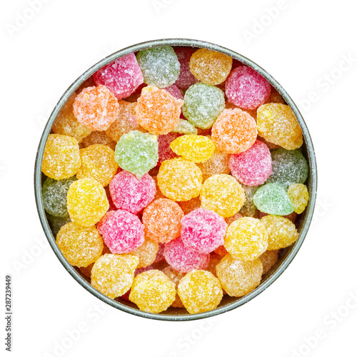 Fotografie colorful multicolored sucking sweets Montpensier lollipops in a round tin box is