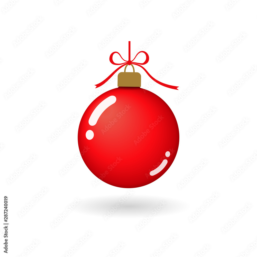 Christmas tree ball with ribbon bow. Red bauble decoration, isolated on white background. Symbol of Happy New Year, Xmas holiday celebration, winter. Flat design for card. Vector illustration Christmas tree ball with ribbon bow. Red bauble decoration, isolated on white background. Symbol of Happy New Year, Xmas holiday celebration, winter. Flat design for card. Vector illustration