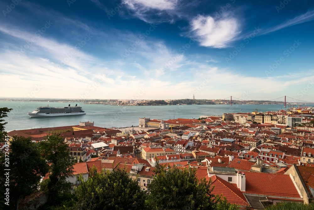 Aerial view from Castle of Saint George or Sao Jorge to the historical centre of Lisbon on the sunny afternoon, Lisbon, Portugal, Lisboa 