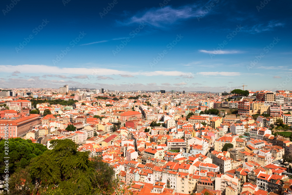 Aerial view from Castle of Saint George or Sao Jorge to the historical centre of Lisbon on the sunny afternoon, Lisbon, Portugal, Lisboa 