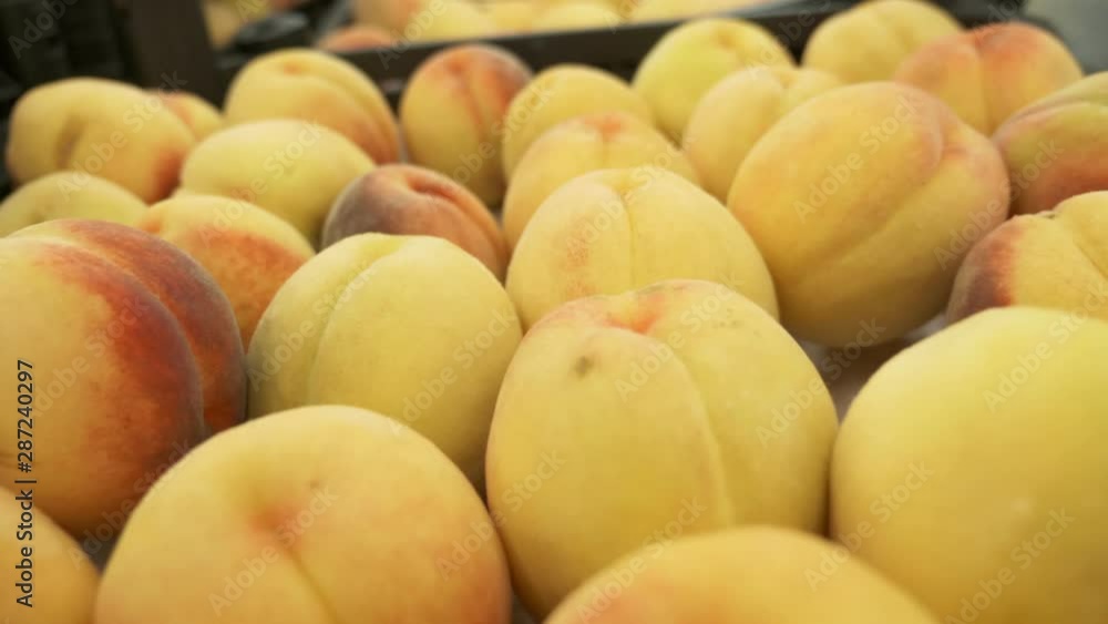 Showcase with fresh sweet apricots in a supermarket. Close-up. Fruit from the store. Apricots background. Showcase with fresh sweet apricots in a supermarket. Close-up. Fruit from the store. Apricots background.
