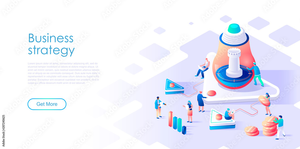 Isometric landing page business strategy or marketing flat concept. Data analytics for company marketing solutions for website or homepage. Isometric vector illustration template.