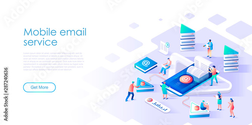 Isometric landing page email service or mobile app flat concept. Webmail or mobile app to send letters for website or homepage. Isometric vector illustration template.