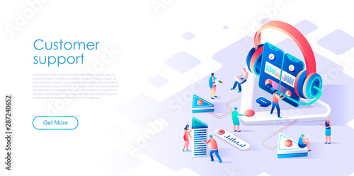 Isometric landing page customer support or service flat concept. Digital user support at any time for website or homepage. Isometric vector illustration template.