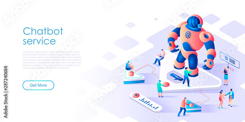 Isometric landing page chatbot or artificial intelligence flat concept. Robot and computer network for website or homepage. Isometric vector illustration template.