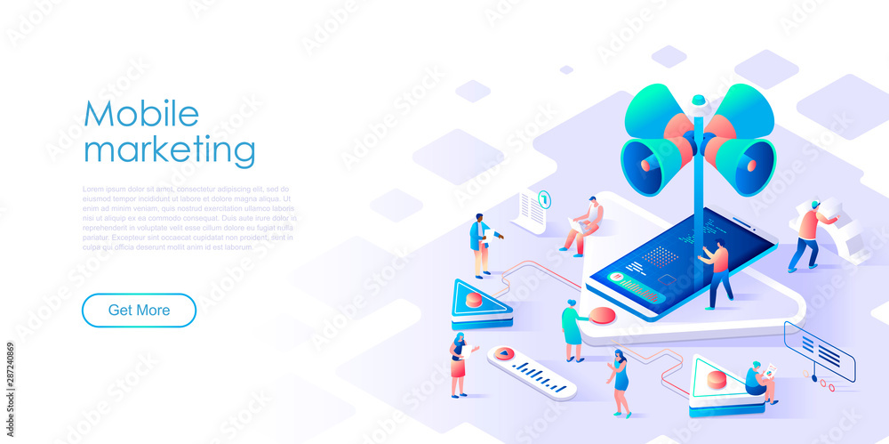 Isometric landing page mobile marketing or advertising flat concept. Internet advertisement and social promotion for website or homepage. Isometric vector illustration template.