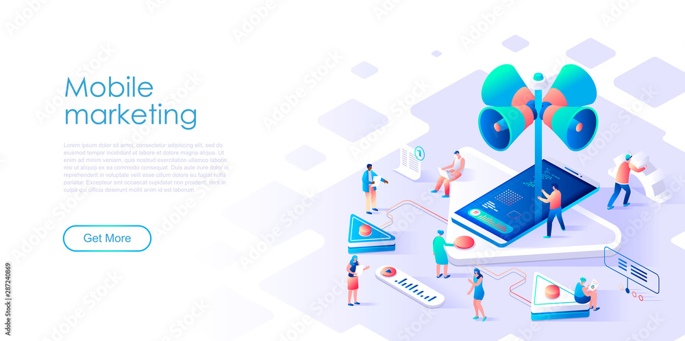 Isometric landing page mobile marketing or advertising flat concept. Internet advertisement and social promotion for website or homepage. Isometric vector illustration template. Isometric landing page mobile marketing or advertising flat concept. Internet advertisement and social promotion for website or homepage. Isometric vector illustration template.