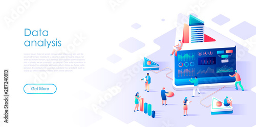 Isometric landing page data analysis or analytics flat concept. Computer storage analytical data for website or homepage. Isometric vector illustration template.